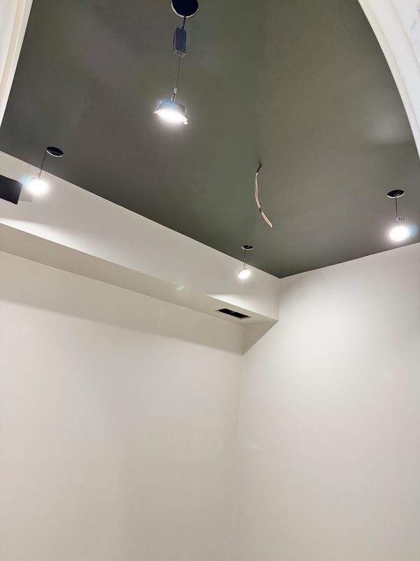 Sage feature ceiling cut in precisely against white walls